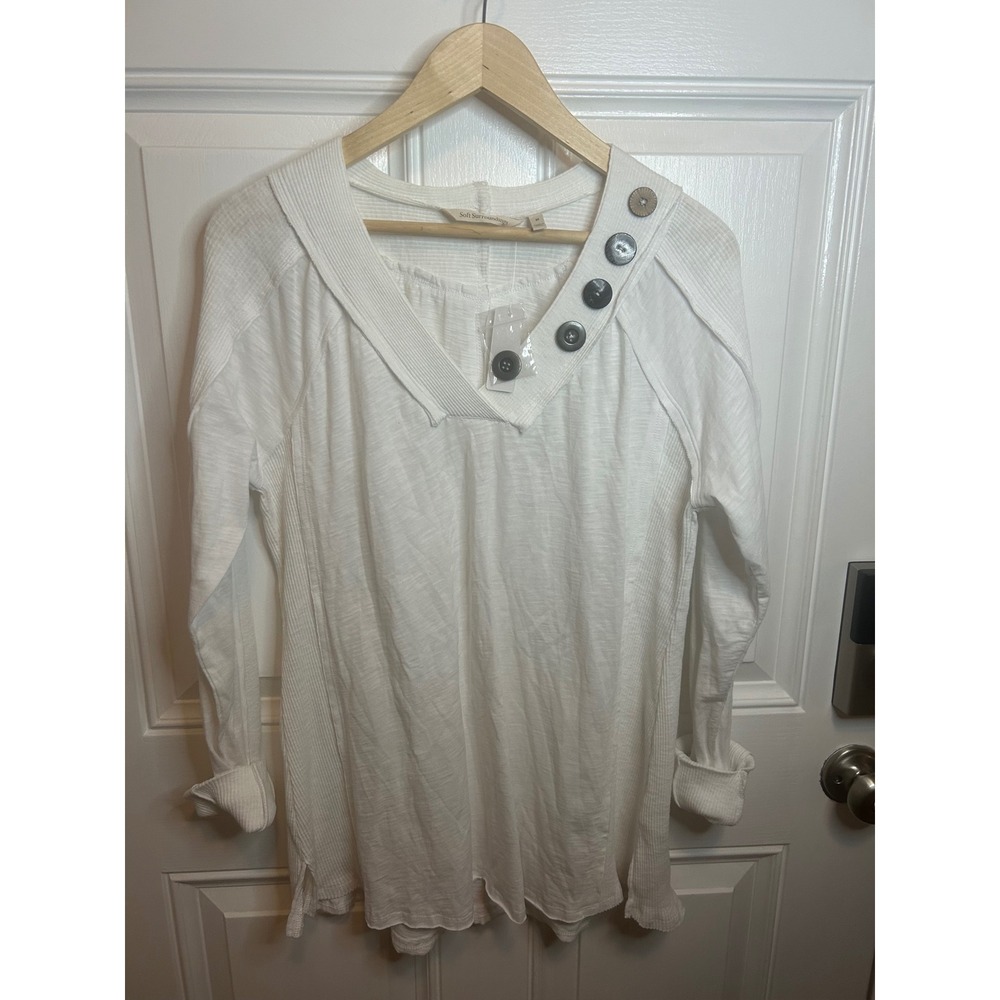 Soft Surroundings Tunic White Button V-Neck Raw Edge Slub Knit Top